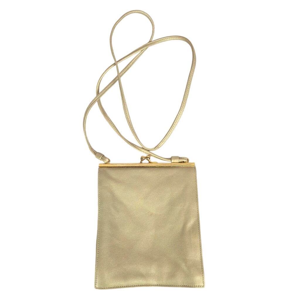 Vtg Bechamel Tan Leather Crossbody Bag Gold Tone Kisslock Night out Staple Basic